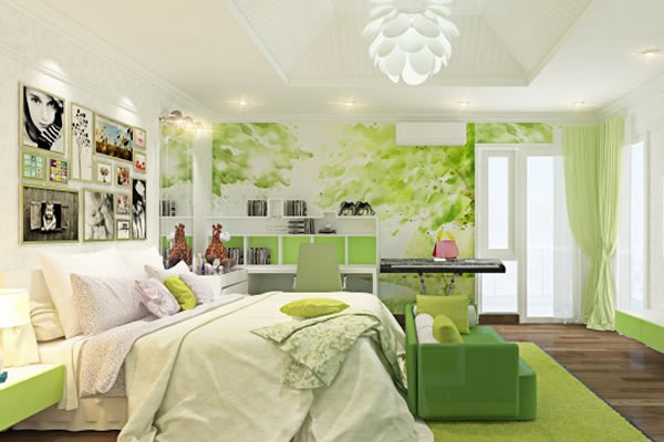 Không gian phòng ngủ màu xanh lá