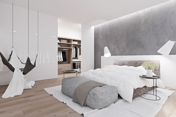 Không gian phòng ngủ màu xám kết hợp với màu trắng