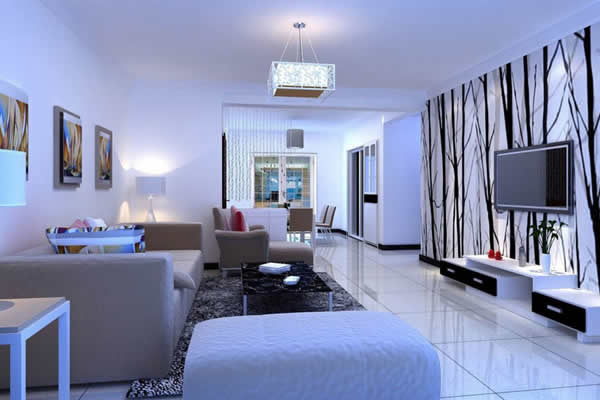 Trang trí phòng khách với màu trắng chủ đạo và đồ nội thất màu xanh