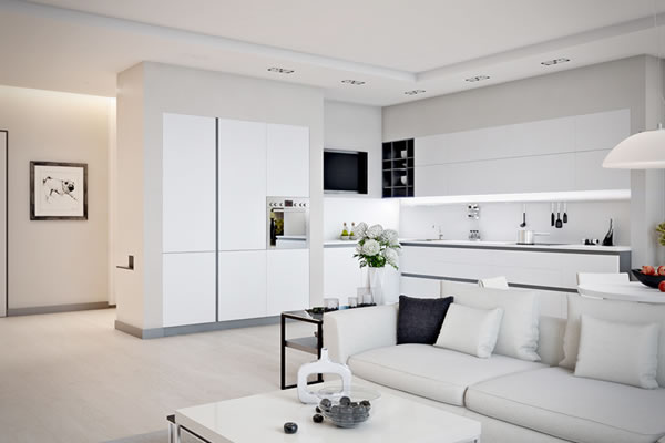 Căn hộ màu trắng với thiết kế phòng khách và nhà bếp liền kề sang trọng tiện nghi