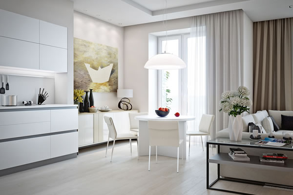 Căn hộ màu trắng với thiết kế phòng khách và nhà bếp liền kề sang trọng tiện nghi-4