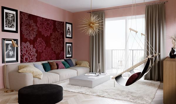 Phòng khách đẹp nổi bật với ý tưởng sơn nội thất màu hồng